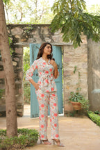 Cream-Color Floral Printed Lapel Collar Cotton Shirt With Palazzo Co Ord Set
