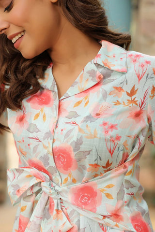 Cream-Color Floral Printed Lapel Collar Cotton Shirt With Palazzo Co Ord Set