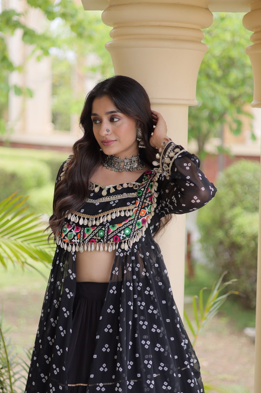 Kora Cotton Frill Stitching Bandhani Lehenga Set | Tulip Designer