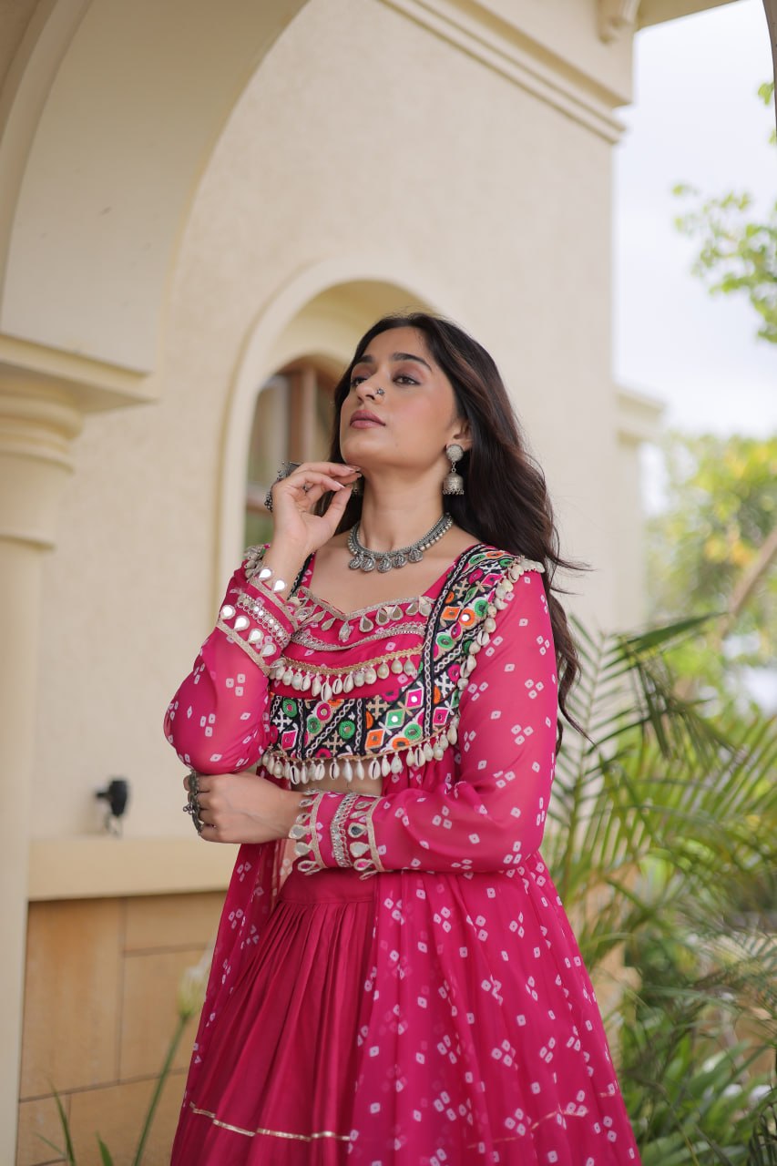 Kora Cotton Frill Stitching Bandhani Lehenga Set | Tulip Designer