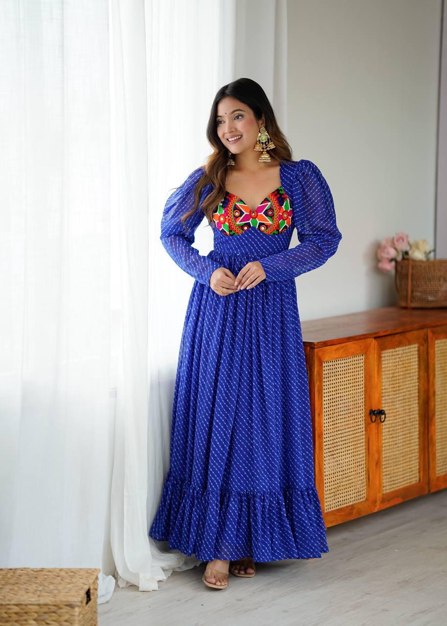 Designer Blue Georgette Printed Gown | Tulip Designer