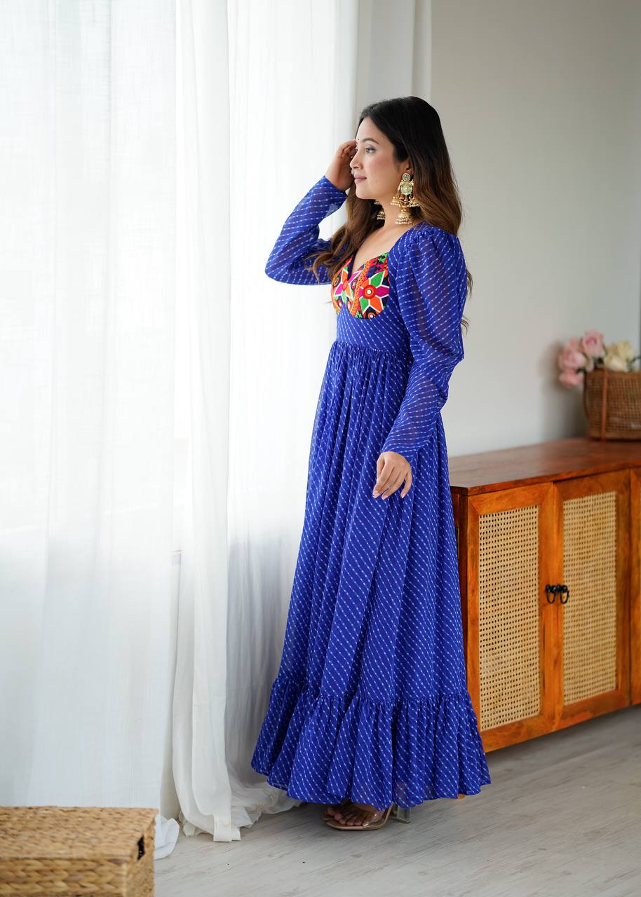 Designer Blue Georgette Printed Gown | Tulip Designer