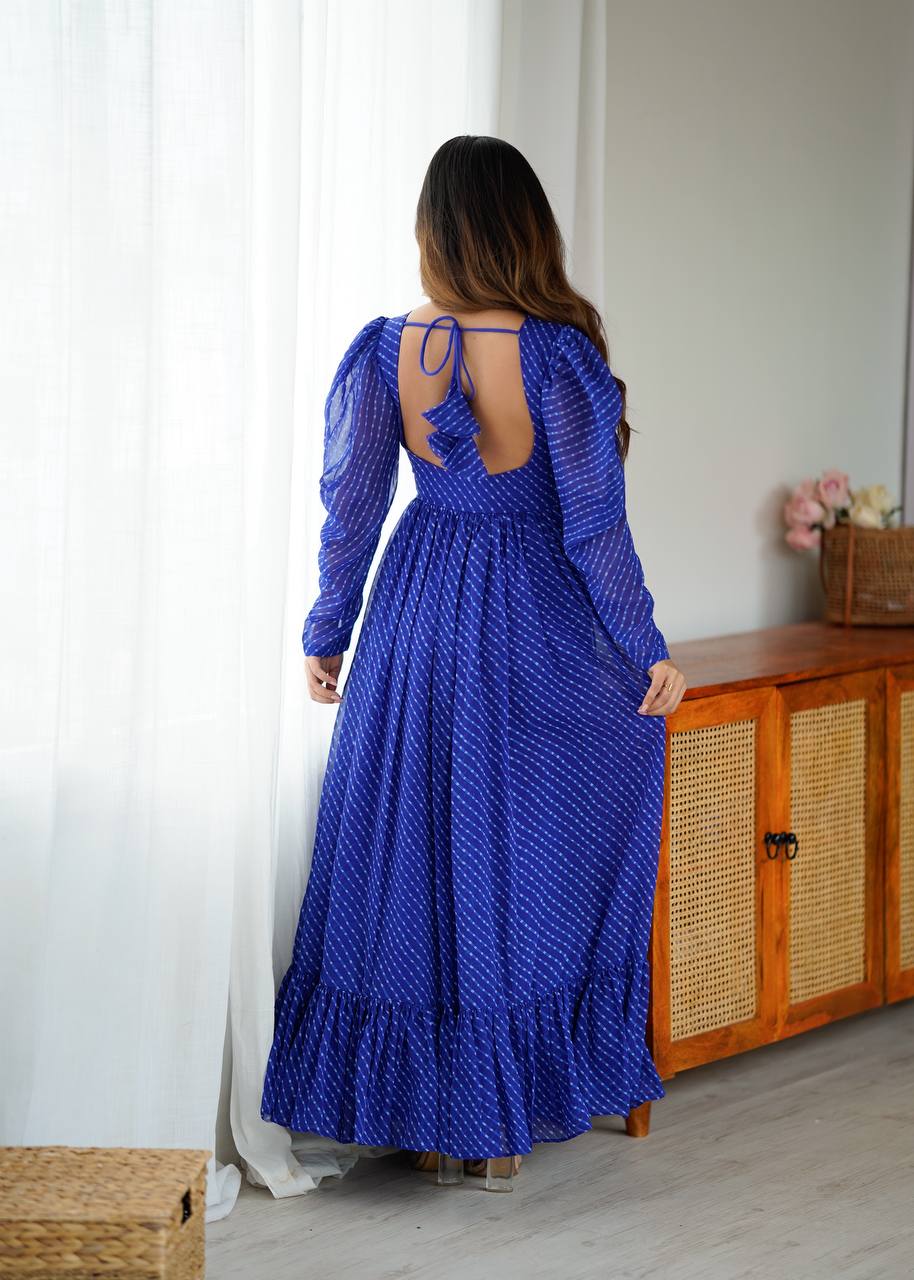 Designer Blue Georgette Printed Gown | Tulip Designer