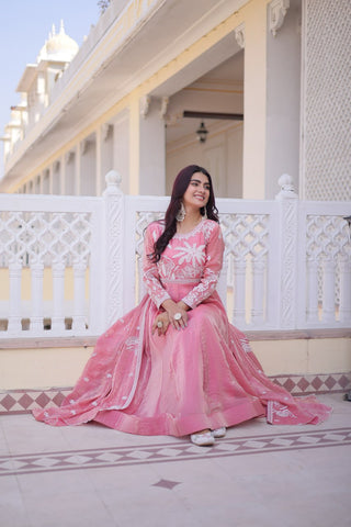 Graceful Fendi Satin Embroidered Gown Set with Matching Dupatta