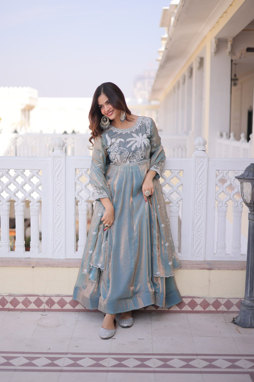 Graceful Fendi Satin Embroidered Gown Set with Matching Dupatta
