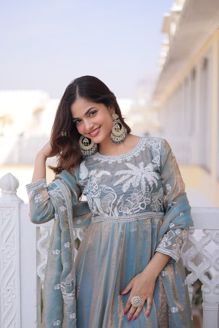 Graceful Fendi Satin Embroidered Gown Set with Matching Dupatta