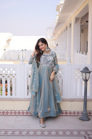 Graceful Fendi Satin Embroidered Gown Set with Matching Dupatta