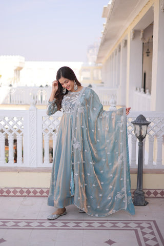 Graceful Fendi Satin Embroidered Gown Set with Matching Dupatta