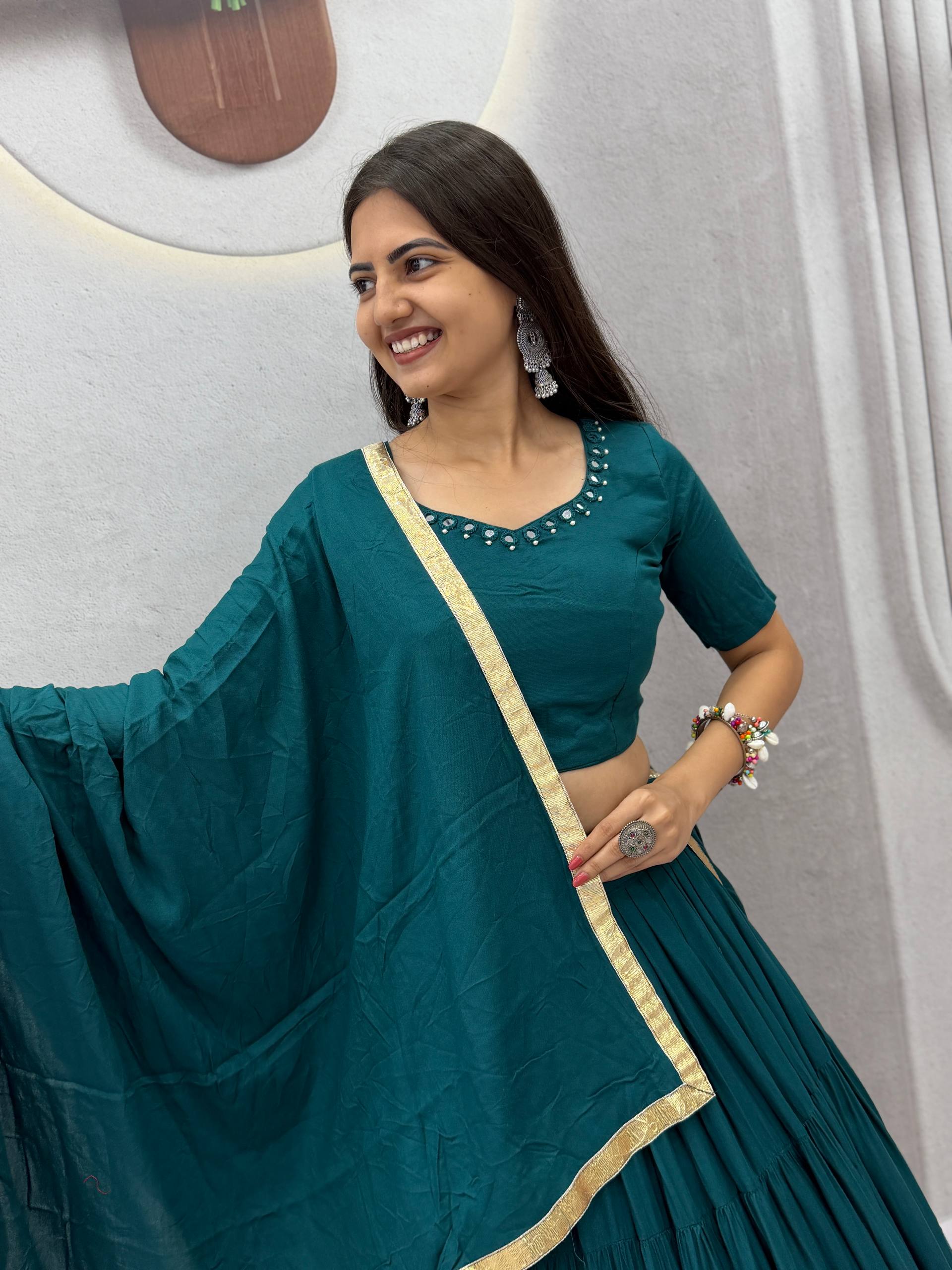 Rayon Cotton Mirror Work Lehenga Set | Tulip Designer