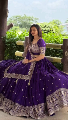 Elegant Purple Fox Georgette Lehenga with Intricate Thread Work