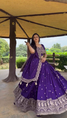 Elegant Purple Fox Georgette Lehenga with Intricate Thread Work