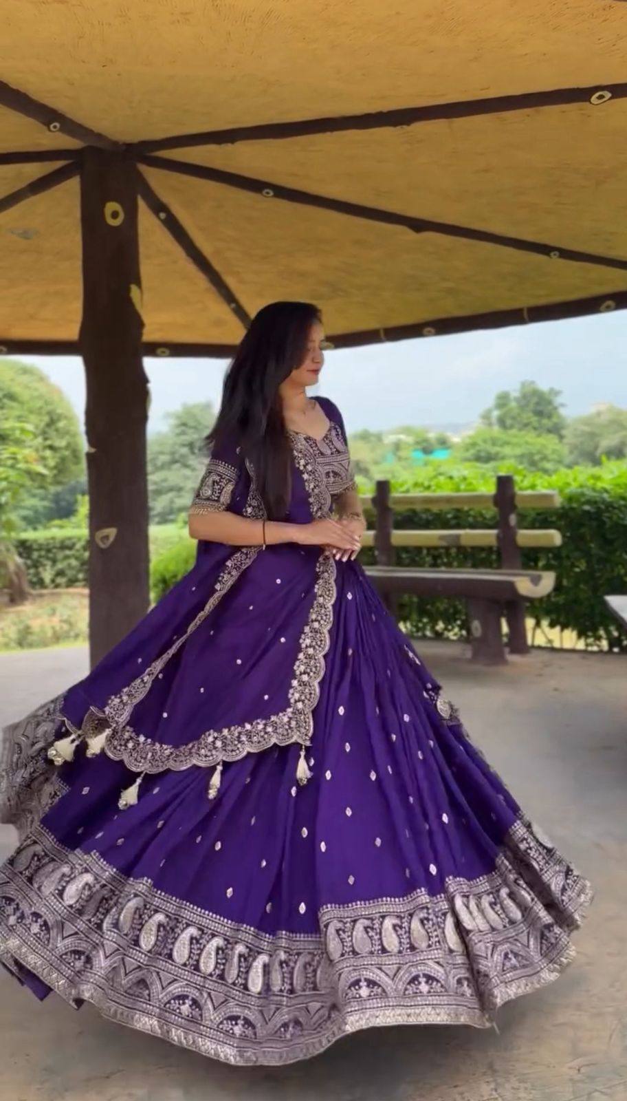 Elegant Purple Fox Georgette Lehenga with Intricate Thread Work