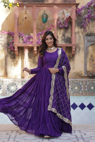 Fully Flair Gown Made With Star Georgette Fabrics and Designer Embroidered Dupatta