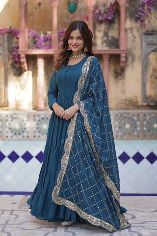 Fully Flair Gown Made With Star Georgette Fabrics and Designer Embroidered Dupatta