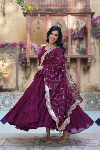 Fully Flair Gown Made With Star Georgette Fabrics and Designer Embroidered Dupatta