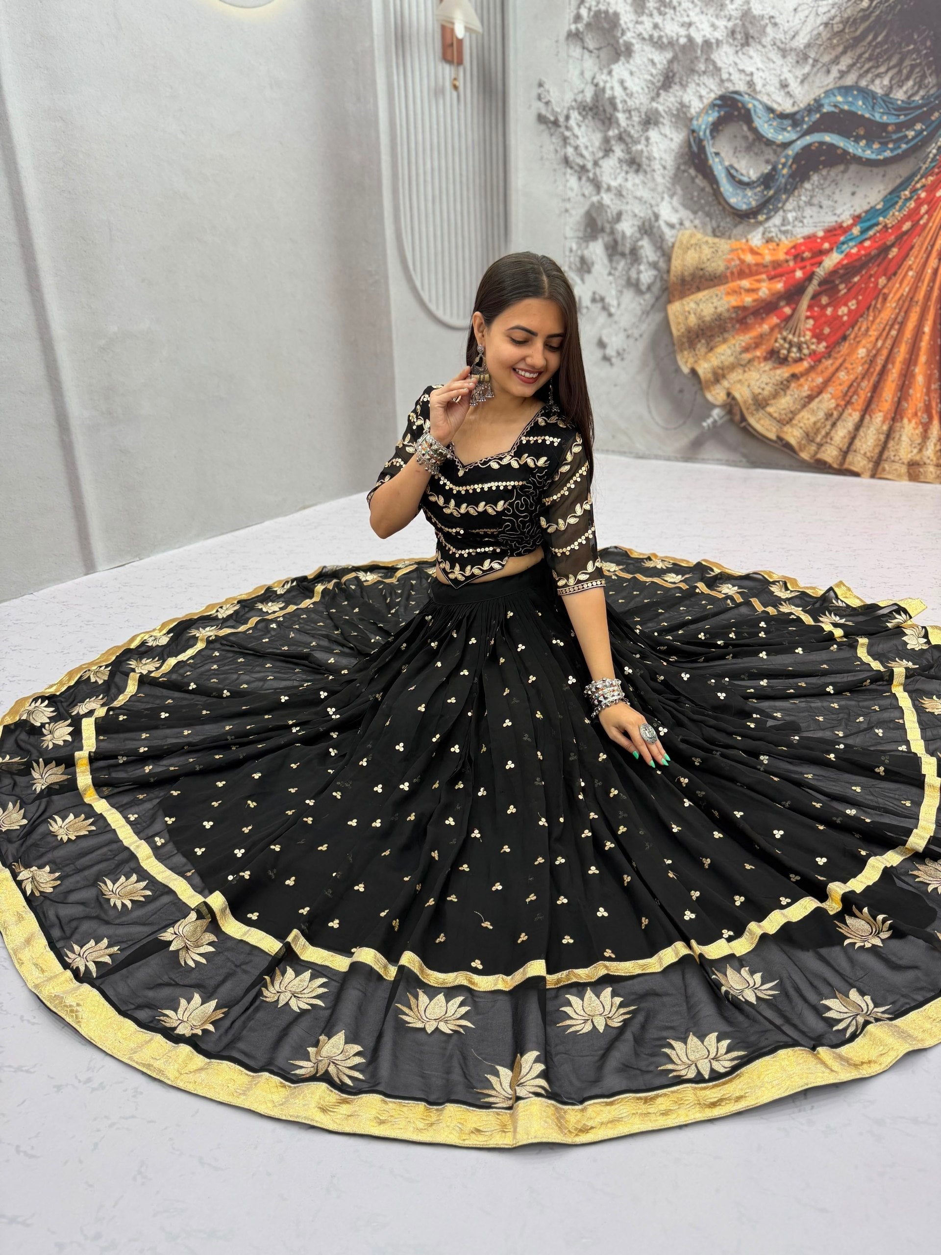 Black Faux Georgette Embroidered Lehenga Set | Tulip Designer
