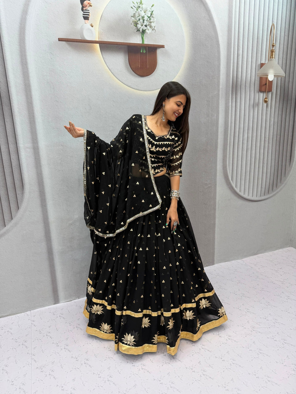 Black Faux Georgette Embroidered Lehenga Set | Tulip Designer
