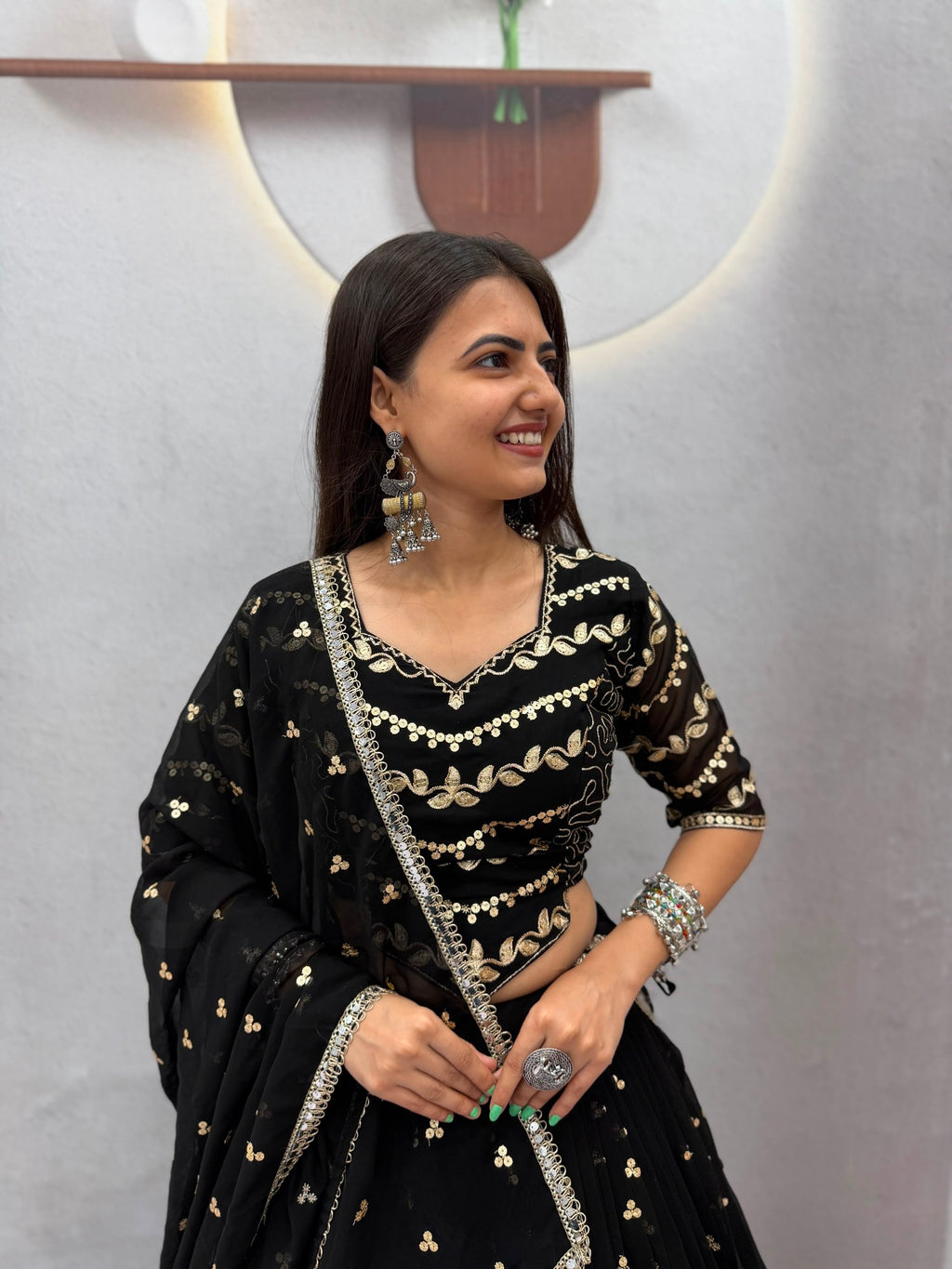 Black Faux Georgette Embroidered Lehenga Set | Tulip Designer