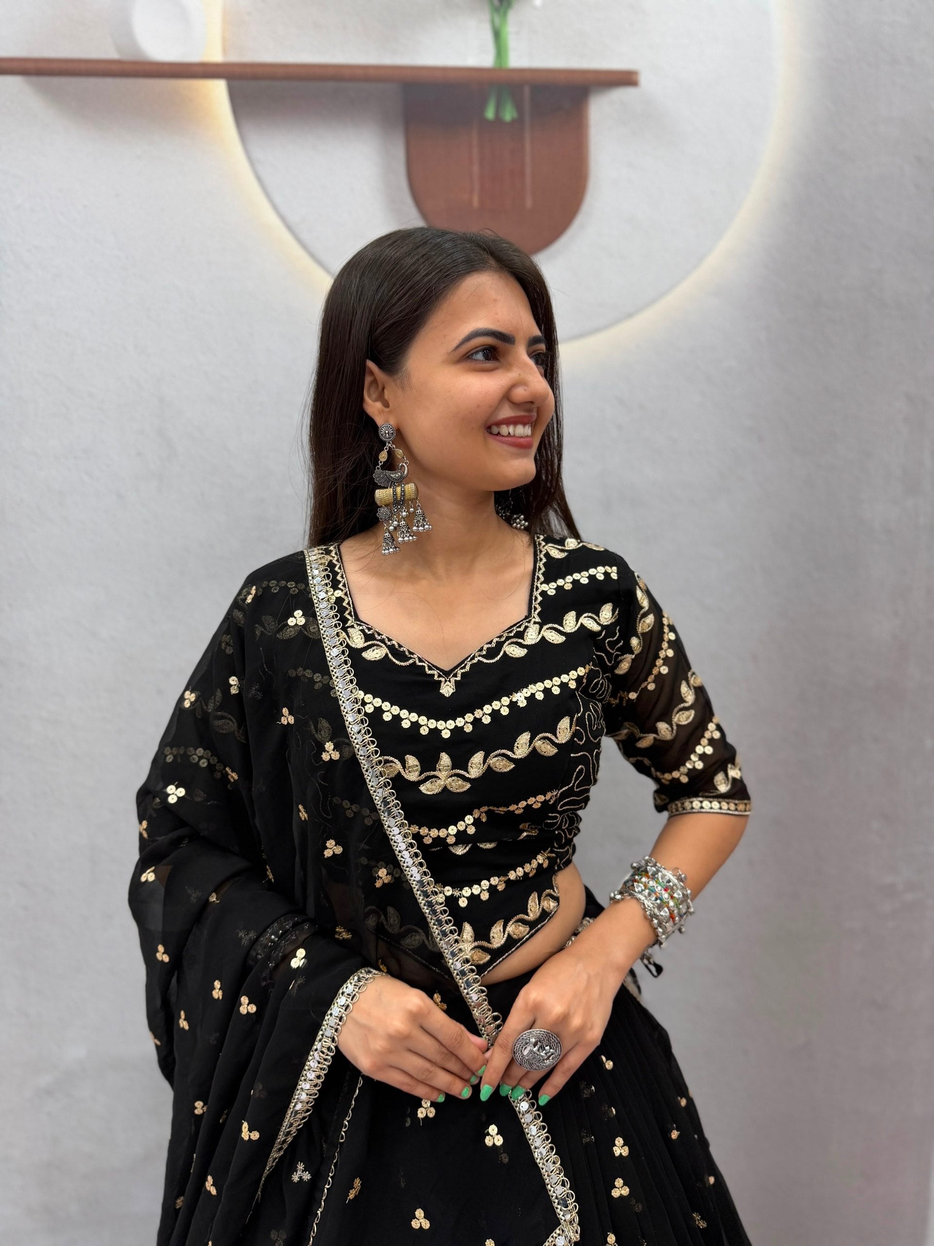 Black Faux Georgette Embroidered Lehenga Set | Tulip Designer