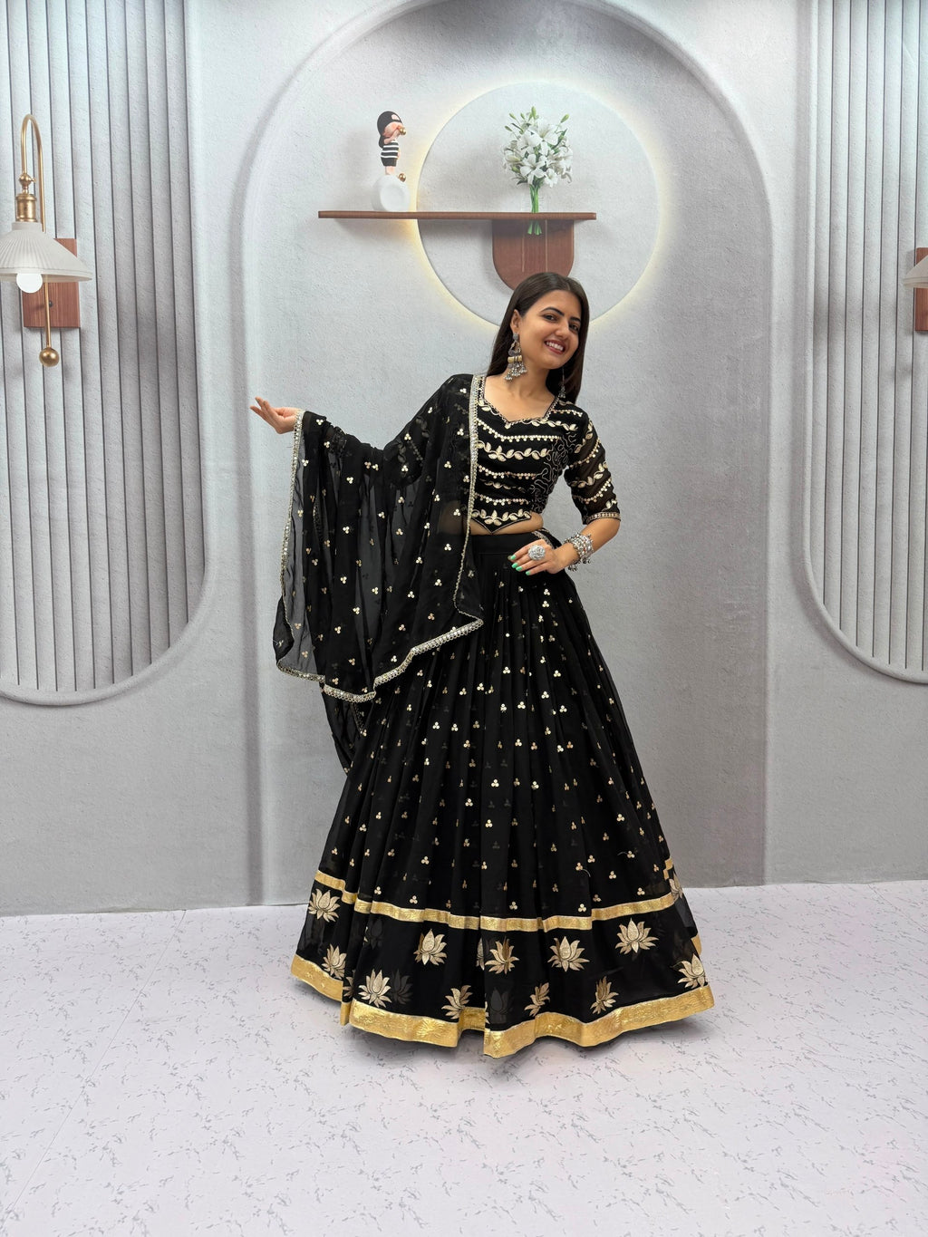 Black Faux Georgette Embroidered Lehenga Set | Tulip Designer
