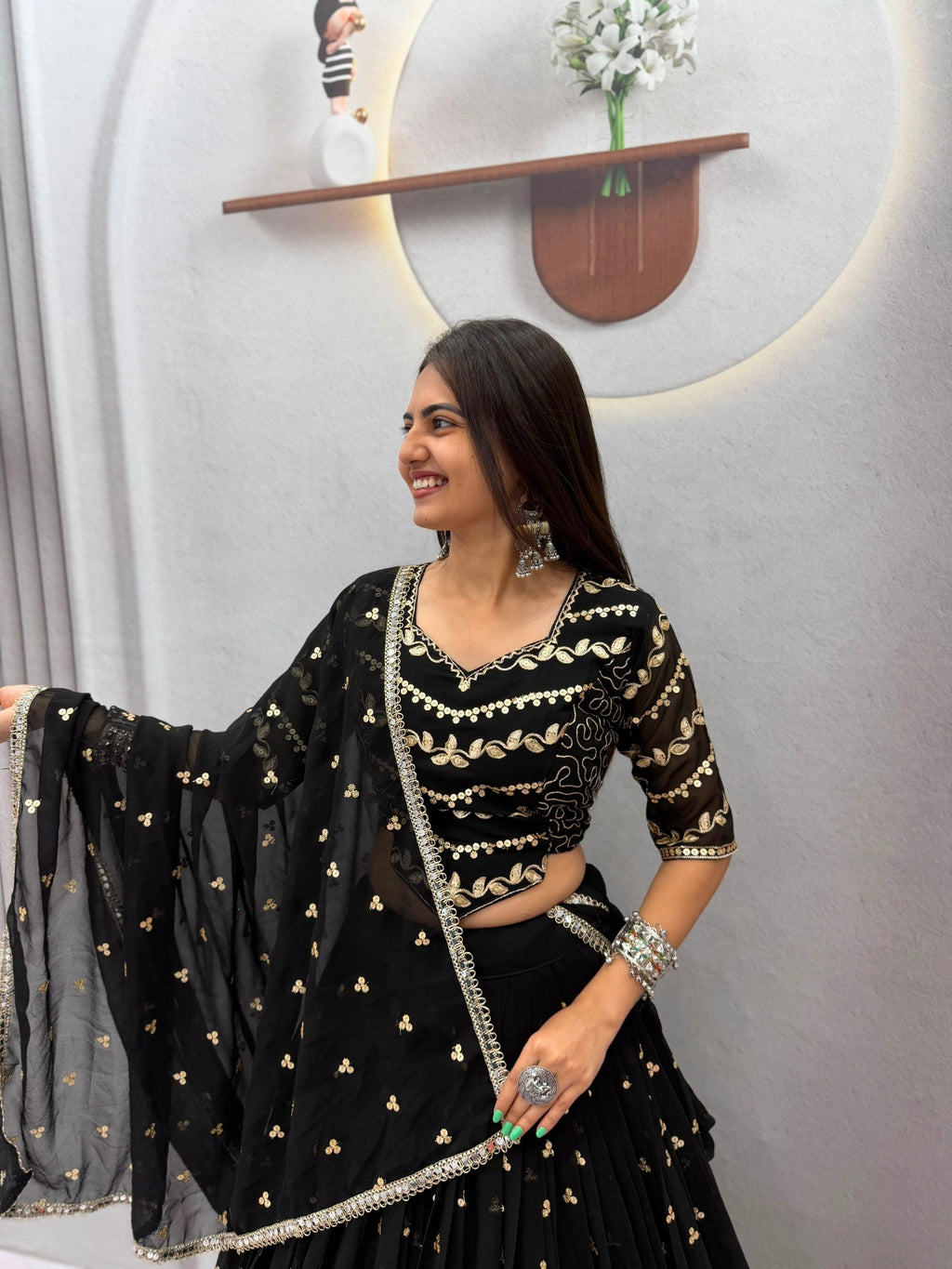 Black Faux Georgette Embroidered Lehenga Set | Tulip Designer