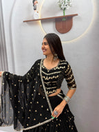 Black Faux Georgette Embroidered Lehenga Set | Tulip Designer