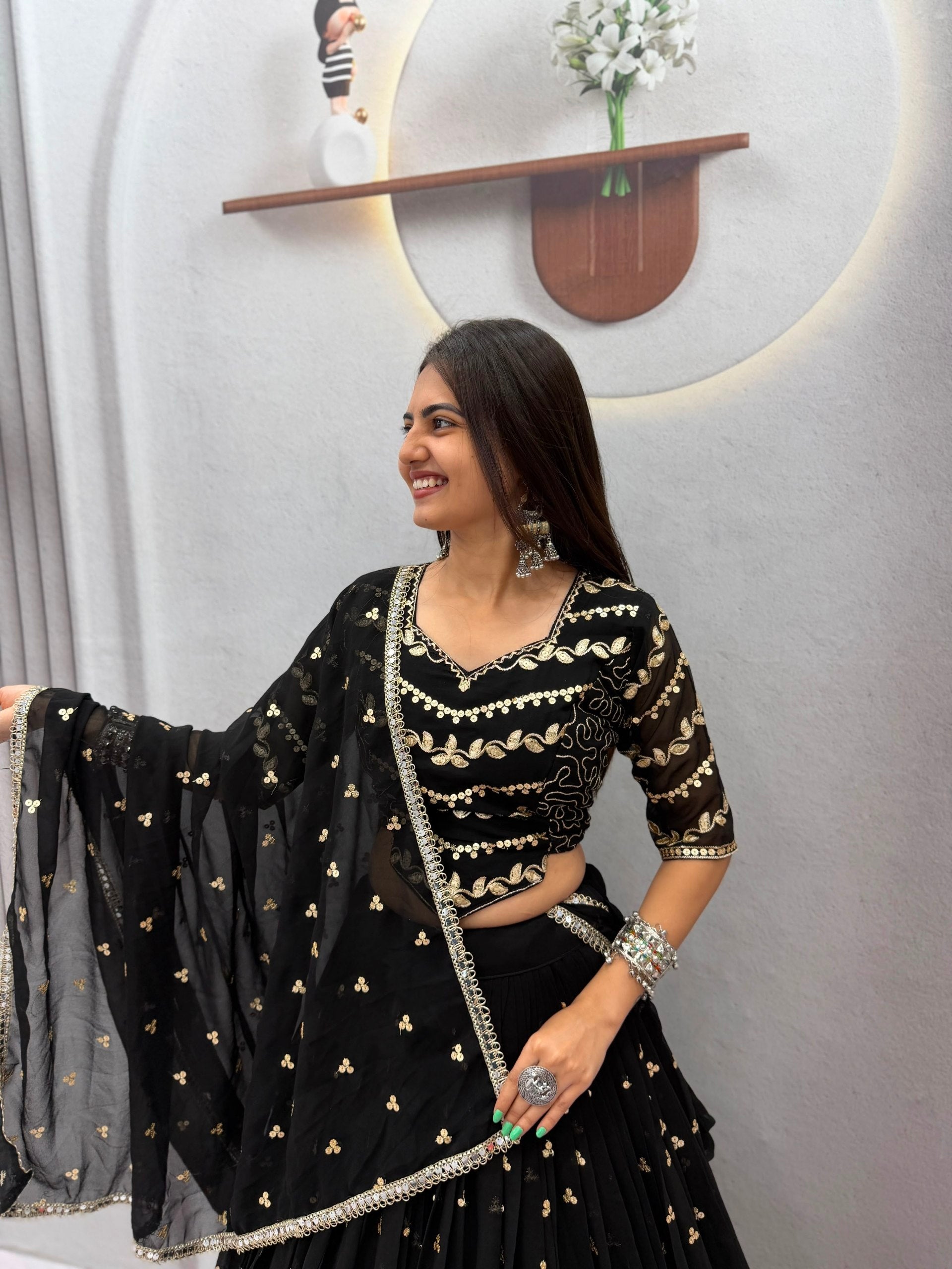 Black Faux Georgette Embroidered Lehenga Set | Tulip Designer