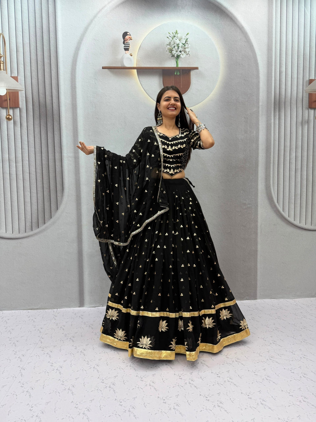 Black Faux Georgette Embroidered Lehenga Set | Tulip Designer