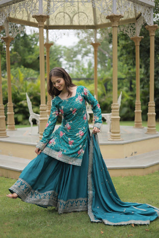 Designer Chinnon Printed With Embroidered Work Sharara Set