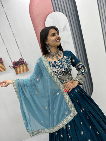 Designer Vichitra Silk Heavy Embroidered Lehenga Choli Set With Dupatta For Women