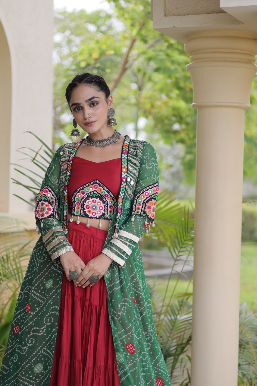 Rayon Bandhani kutchi Lehenga Shrug Set | Tulip Designer