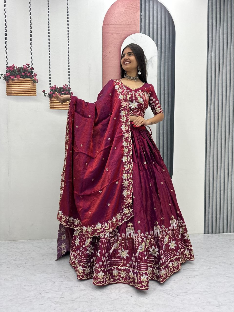 Wedding Glass Silk Embroidered Lehenga Set | Tulip Designer