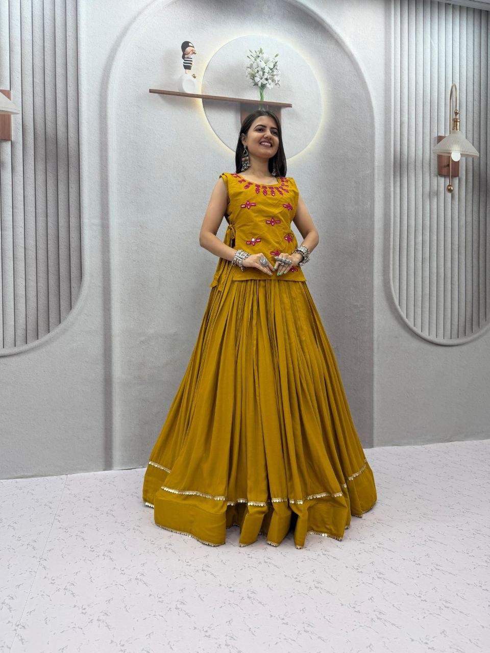 Rayon Cotton Mirror Lehenga Jacket Set | Tulip Designer