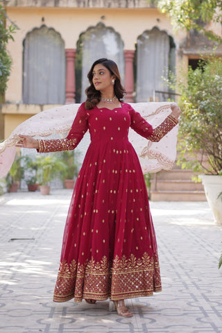 Red Color Faux Blooming with Embroidery Zari Sequins work