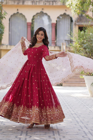 Red Color Faux Blooming with Embroidery Zari Sequins work