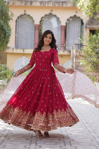 Red Color Faux Blooming with Embroidery Zari Sequins work