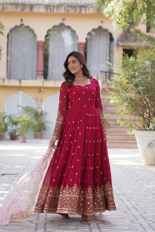 Red Color Faux Blooming with Embroidery Zari Sequins work