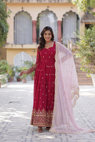 Red Color Faux Blooming with Embroidery Zari Sequins work