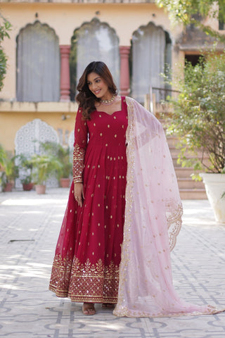 Red Color Faux Blooming with Embroidery Zari Sequins work