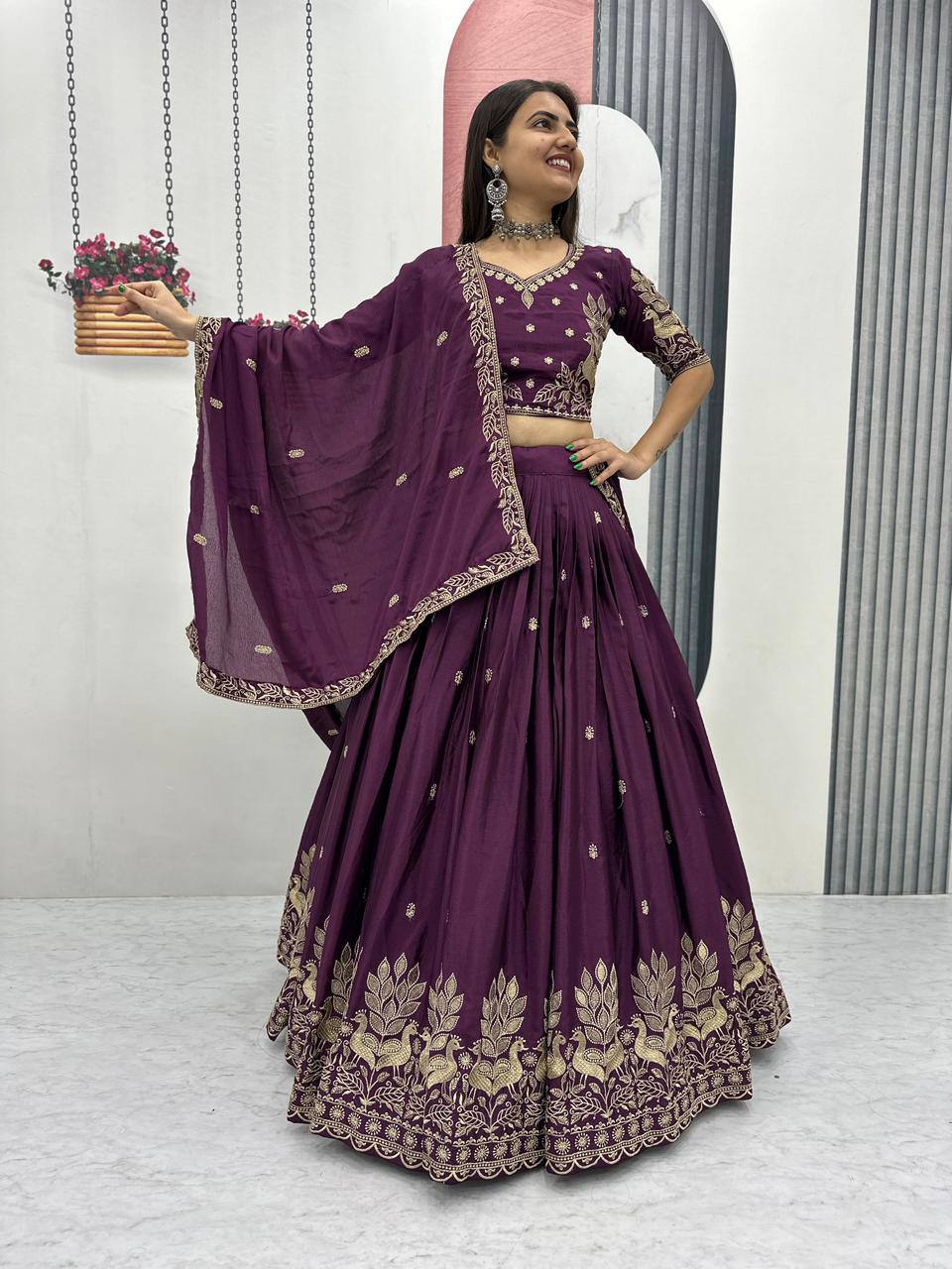 Festival-Ready Chinon Silk Lehenga Choli with Thread Embroidery Work