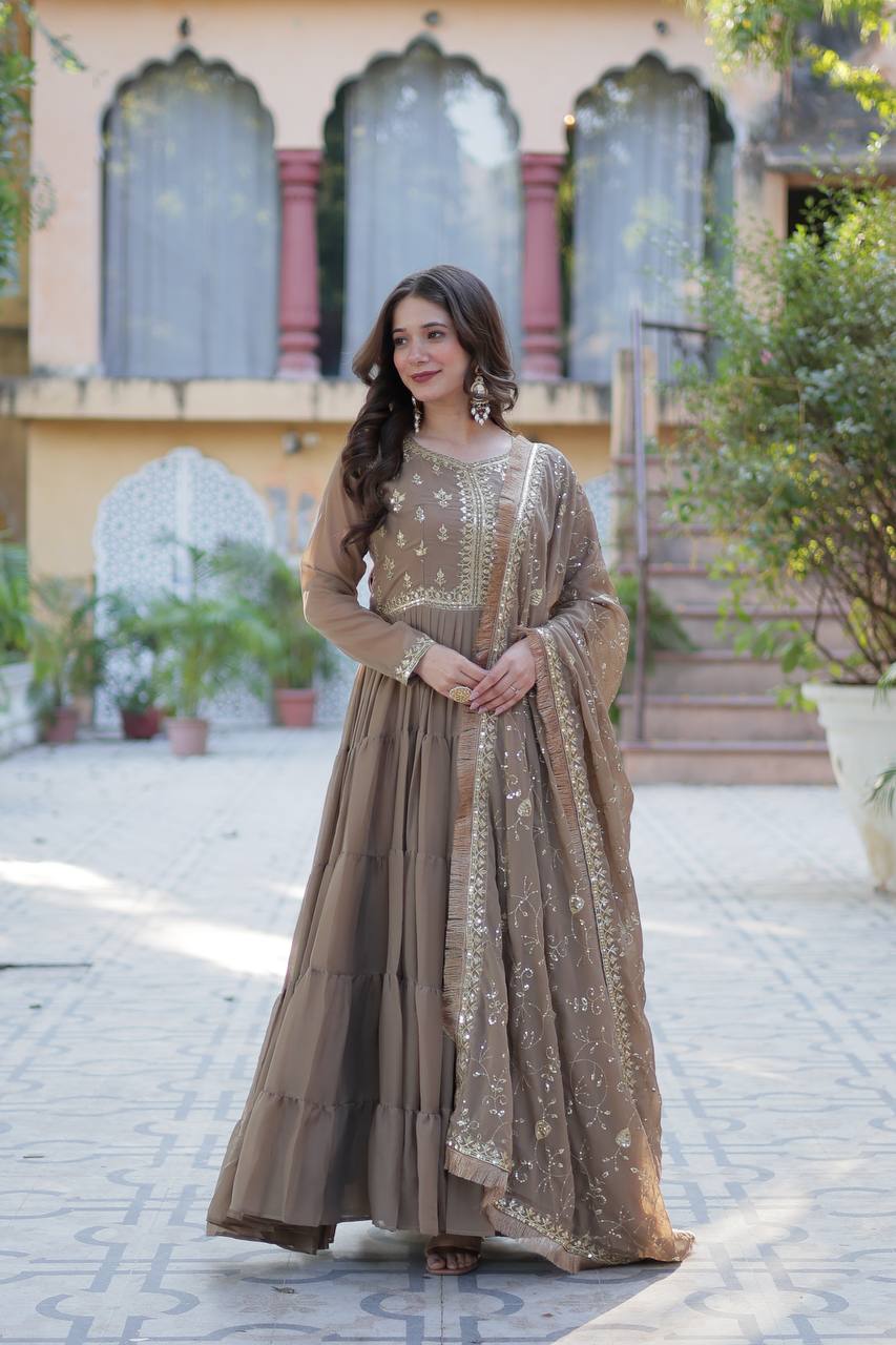 Khaki Color Star Georgette Fabrics and Designer Embroidered Dupatta With Attractive Lace Border