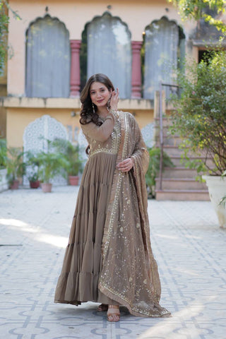 Khaki Color Star Georgette Fabrics and Designer Embroidered Dupatta With Attractive Lace Border