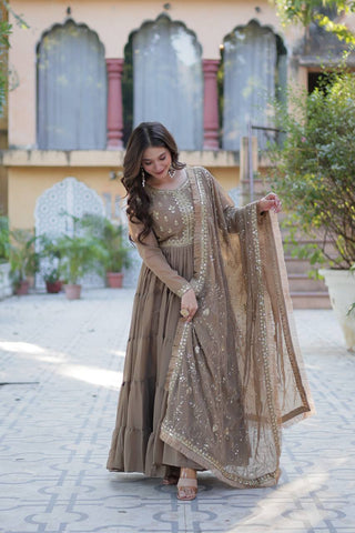 Khaki Color Star Georgette Fabrics and Designer Embroidered Dupatta With Attractive Lace Border