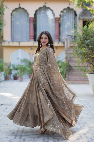 Khaki Color Star Georgette Fabrics and Designer Embroidered Dupatta With Attractive Lace Border