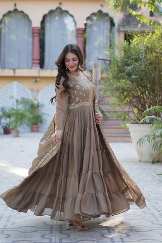 Khaki Color Star Georgette Fabrics and Designer Embroidered Dupatta With Attractive Lace Border