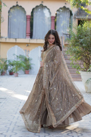 Khaki Color Star Georgette Fabrics and Designer Embroidered Dupatta With Attractive Lace Border