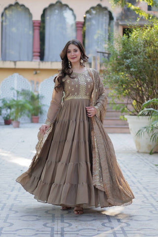 Khaki Color Star Georgette Fabrics and Designer Embroidered Dupatta With Attractive Lace Border