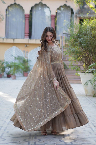 Khaki Color Star Georgette Fabrics and Designer Embroidered Dupatta With Attractive Lace Border