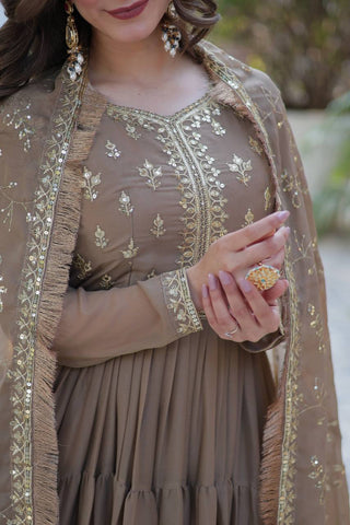 Khaki Color Star Georgette Fabrics and Designer Embroidered Dupatta With Attractive Lace Border