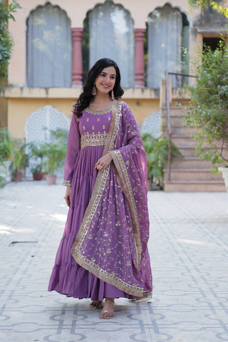 Light Purple Color Star Georgette Fabrics and Designer Embroidered Dupatta With Attractive Lace Border